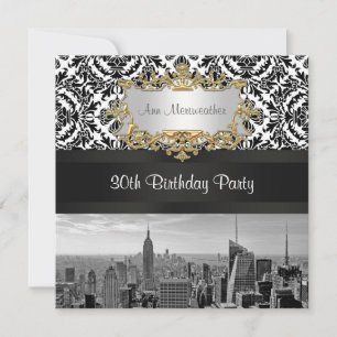 Convites NY City Skyline BW 431 Damask Festa de Aniversário