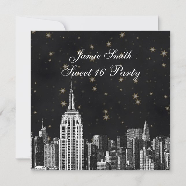 Convites NYC ESB Silhueta Etched Preta Estrela Doce 16 (Frente)