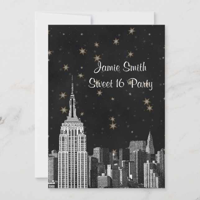 Convites NYC ESB Silhueta Gravada Estrela Negra Doce 16 V (Frente)