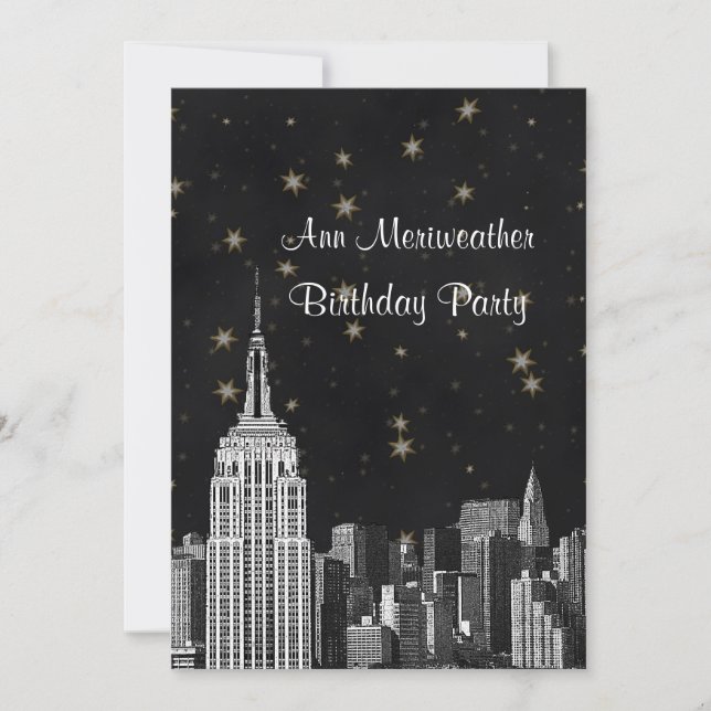 Convites NYC ESB Skyline Enchido Negro Starry Birthday V (Frente)