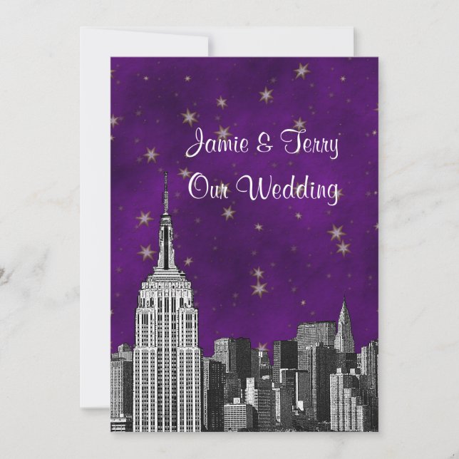 Convites NYC ESB Skyline Etch Purple Starry Casamento (Frente)
