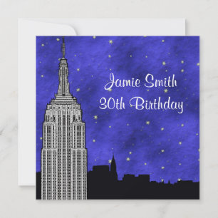 Convites NYC ESB Skyline Silhouette Blue Starry BG Aniversá