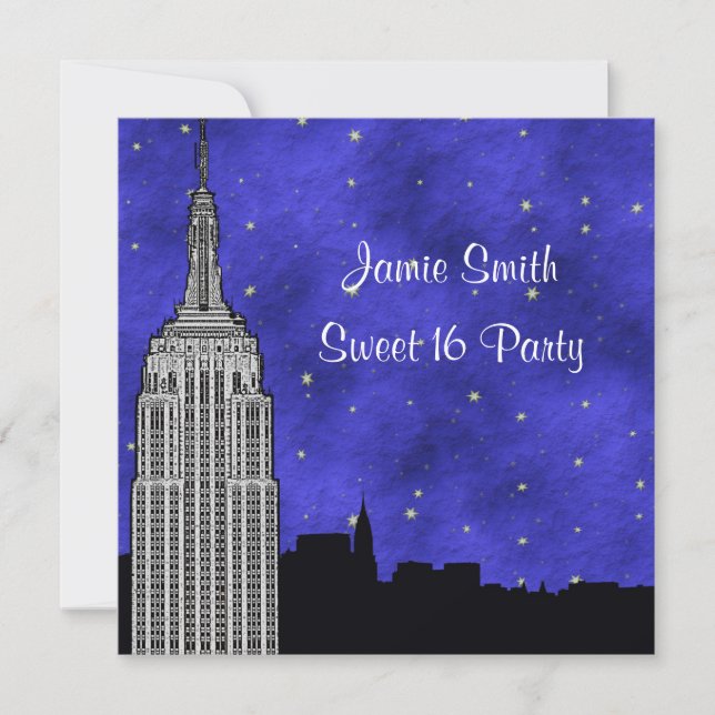 Convites NYC ESB Skyline Silhouette Blue Starry BG Sweet 16 (Frente)
