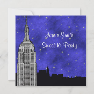 Convites NYC ESB Skyline Silhouette Blue Starry BG Sweet 16