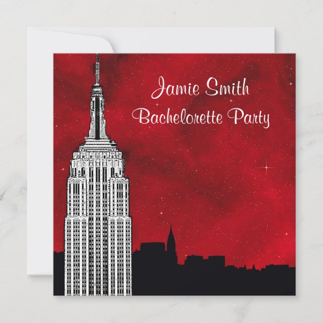 Convites NYC ESB Skyline Silhouette Red Starry Bachelorette (Frente)