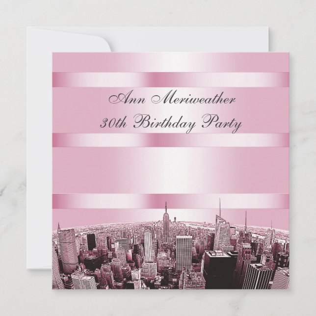 Convites NYC Etch Skyline 2 Pink Black Birday (Frente)
