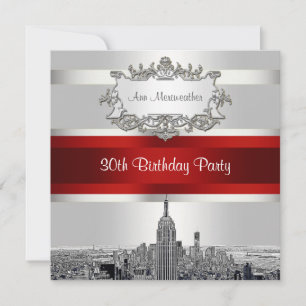 Convites NYC Etch Skyline, White BG, Red Ribbon Birday