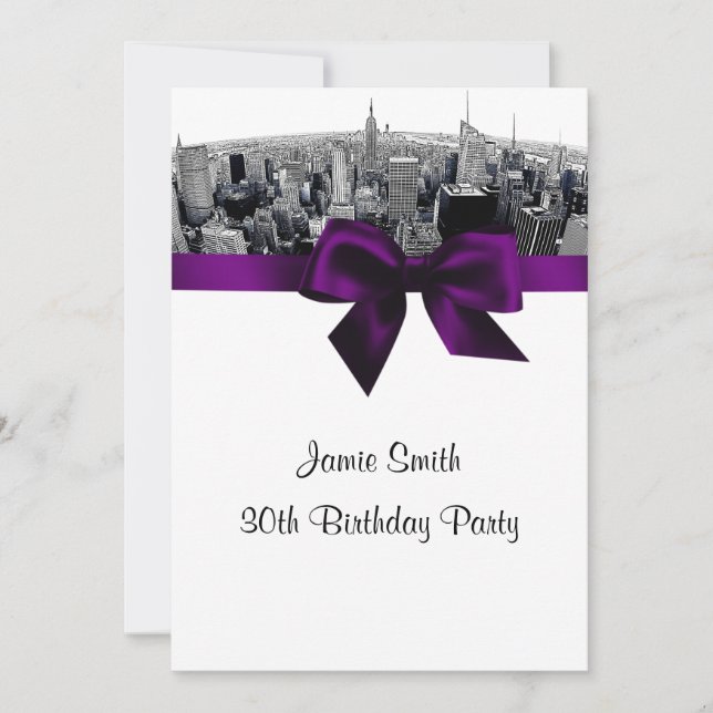 Convites NYC Etched Fisheye Skyline Preto e Branco Roxo Ani (Frente)