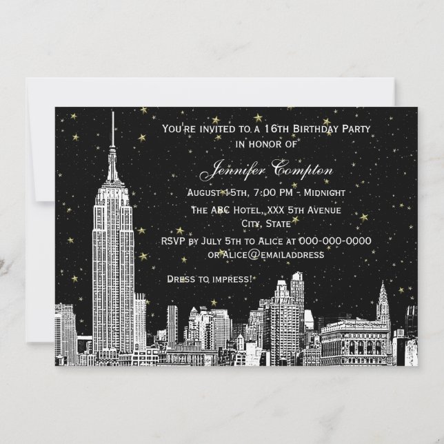 Convites NYC Silhueta Etch Estrelado DIY BG Cor SQ Doce 16  (Verso)