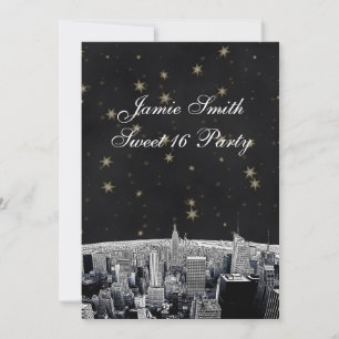 Convites NYC Skyline 2 Black Dourado Star Sweet 16 V