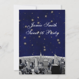 Convites NYC Skyline 2 Blue Dourada Star Sweet 16 V