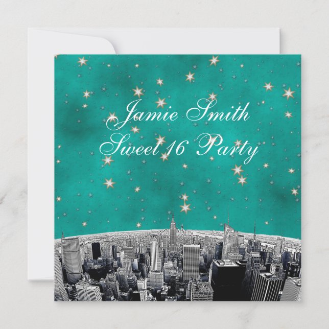 Convites NYC Skyline 2 Teal Dourado Star Sweet 16 (Frente)