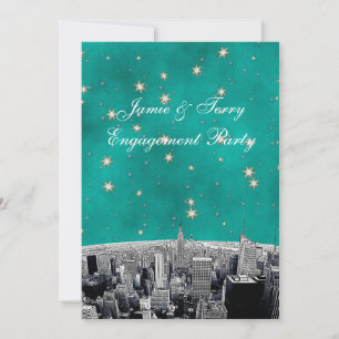 Convites NYC Skyline 2 Teal Dourado Star V Noivado