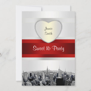 Convites NYC Skyline 2H Branco, Fita Vermelha Doce 16