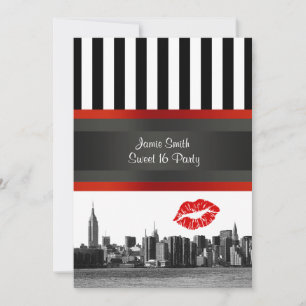 Convites NYC Skyline Bk Wht Strp Red Kiss 16 Party