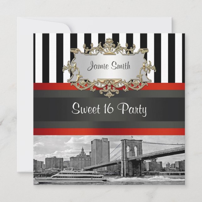 Convites NYC Skyline Brooklyn Bridge Boat 2 Sweet 16 Invite (Frente)