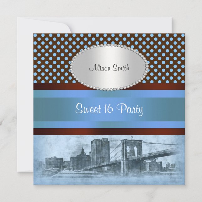 Convites NYC Skyline Brooklyn Bridge Boat 4 Sweet 16 (Frente)
