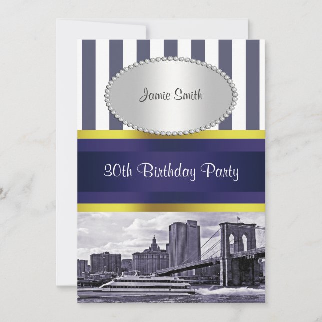 Convites NYC Skyline Brooklyn Bridge Boat Blue Wt2 Aniversá (Frente)