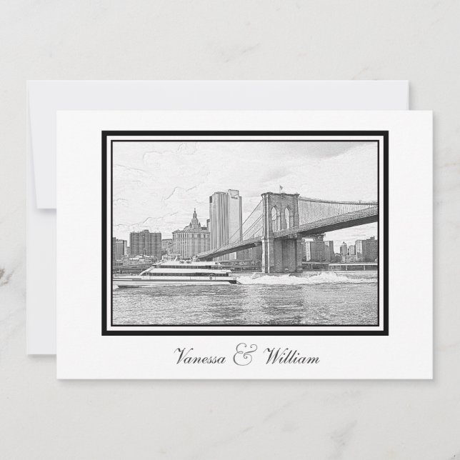 Convites NYC Skyline Brooklyn Bridge Boat BW Etchd Casament (Frente)