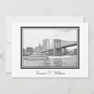 Convites NYC Skyline Brooklyn Bridge Boat BW Etchd Casament