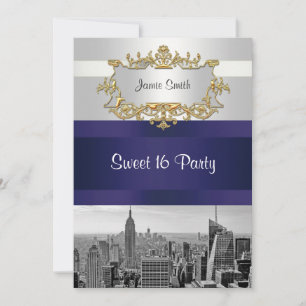Convites NYC Skyline BW 05 Marinho Branco Blue Sweet 16 Inv