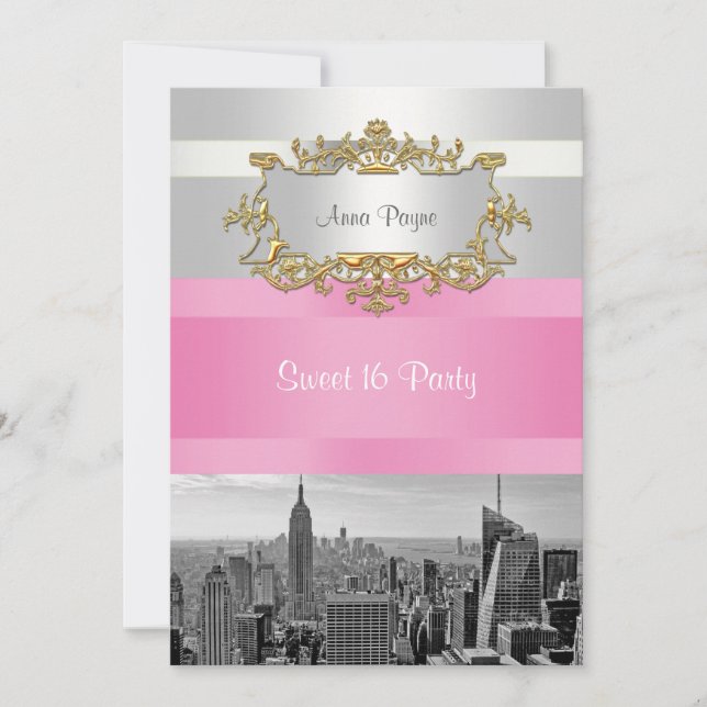 Convites NYC Skyline BW 05 White, Pink Sweet 16 Party (Frente)