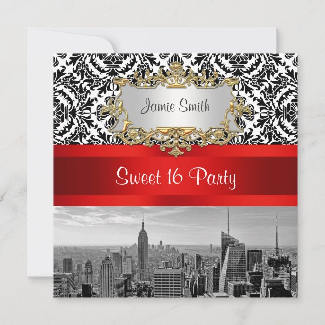 Convites NYC Skyline BW 432 Damask - Sweet 16 Party Invite (Frente)