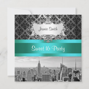 Convites NYC Skyline BW B3 Damask - Sweet 16 Party Invite