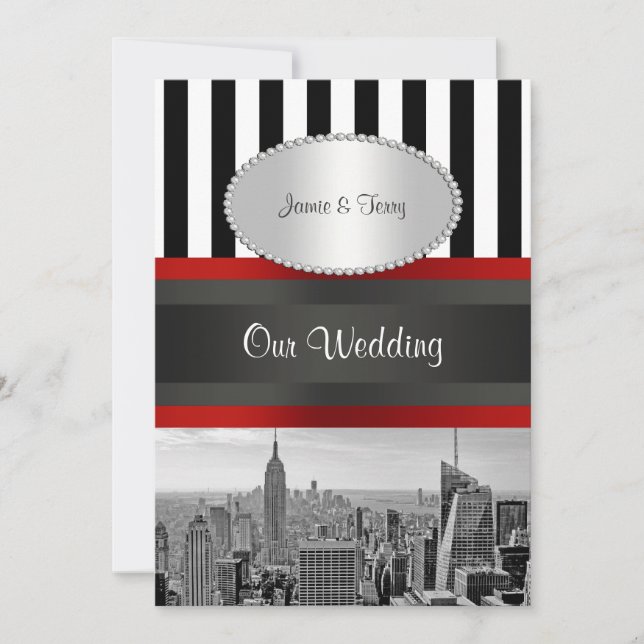 Convites NYC Skyline BW Black White Stripe 2P Casamento (Frente)