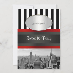 Convites NYC Skyline BW Black White Stripe 2P Sweet 16