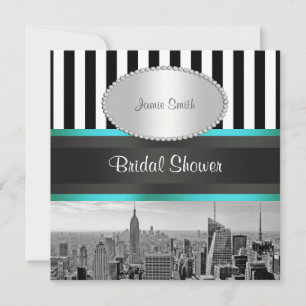 Convites NYC Skyline BW Blk Whit Strp Teal P Chá de panela