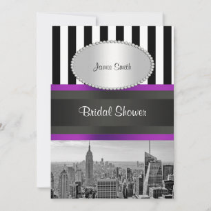 Convites NYC Skyline BW Blk Whp Strp Purple Chá de panela P