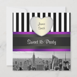 Convites NYC Skyline BW Blk Wht Strp Purpl H Doce 16 Party