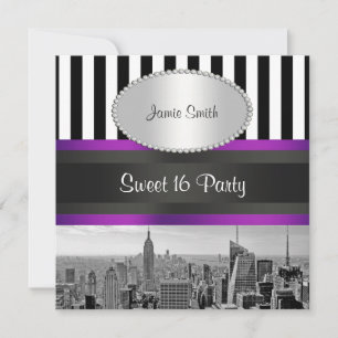 Convites NYC Skyline BW Blk Wht Strp Purpl P Sweet 16 Party