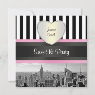Convites NYC Skyline BW Blk Wht Strp Rosa H Doce 16 Festa