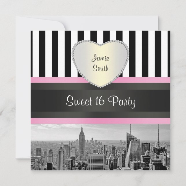 Convites NYC Skyline BW Blk Wht Strp Rosa H Doce 16 Festa (Frente)