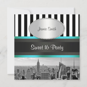Convites NYC Skyline BW Blk Wht Strp Teal P Sweet 16 Party