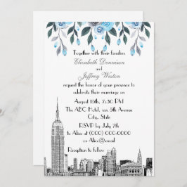 Convites NYC Skyline ESB Etch Blue Cinza Casamento Floral