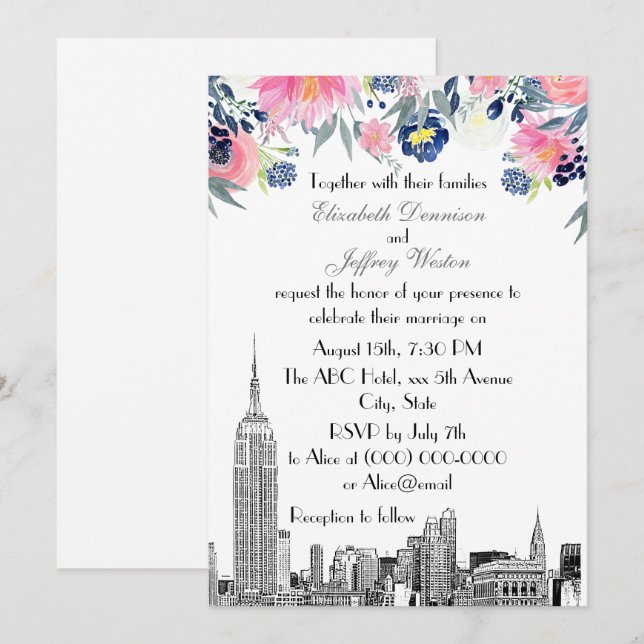 Convites NYC Skyline ESB Etch Blue Floral Casamento Rosa (Frente/Verso)