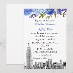 Convites NYC Skyline ESB Etch Blue Yellow Floral Casamento