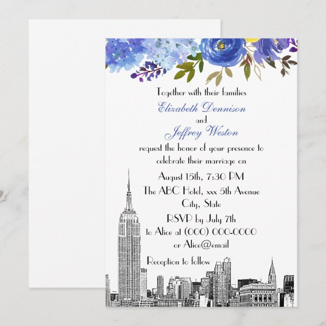 Convites NYC Skyline ESB Etch Blue Yellow Floral Casamento (Frente/Verso)