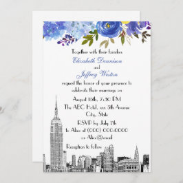 Convites NYC Skyline ESB Etch Blue Yellow Floral Casamento