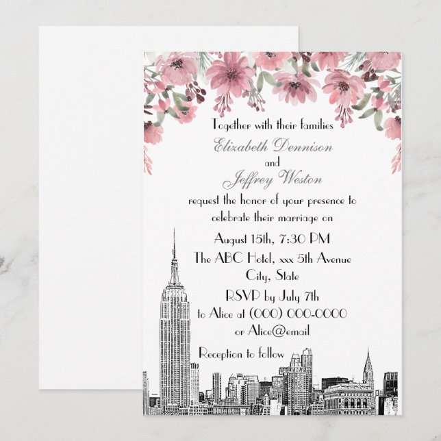 Convites NYC Skyline ESB Etch Casamento Floral Rosa (Frente/Verso)