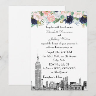 Convites NYC Skyline ESB Etch Cor-de-rosa Que Azul Dourado
