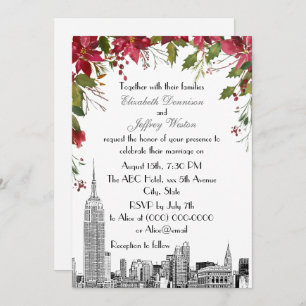 Convites NYC Skyline ESB Etch Holly Poinsettia Casamento