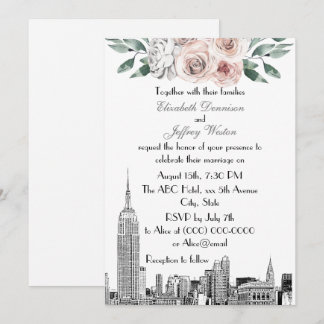 Convites NYC Skyline ESB Etch Lt Cinza Rosa Casamento Flora