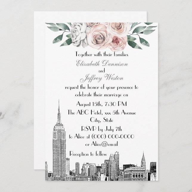 Convites NYC Skyline ESB Etch Lt Cinza Rosa Casamento Flora (Frente/Verso)