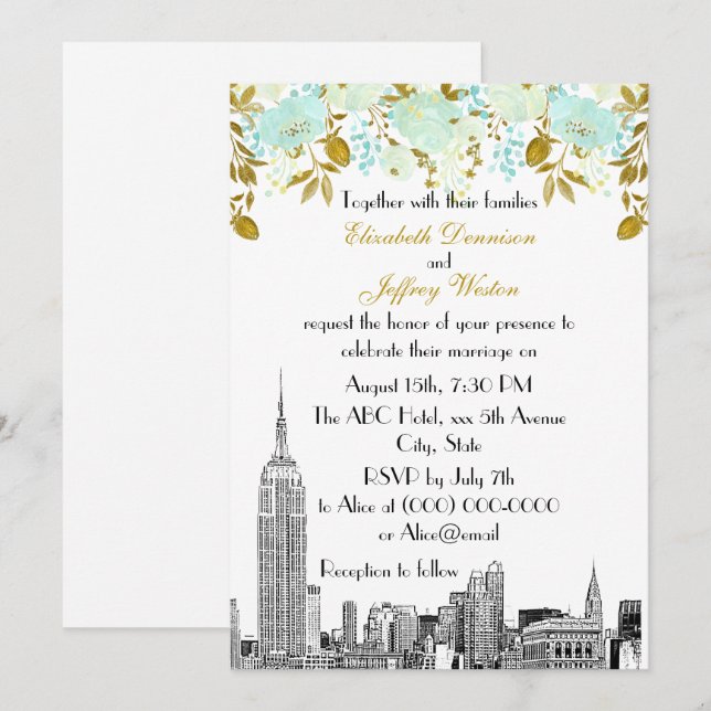 Convites NYC Skyline ESB Etch Mint Dourado Casamento Floral (Frente/Verso)