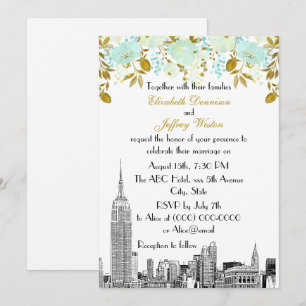 Convites NYC Skyline ESB Etch Mint Dourado Casamento Floral