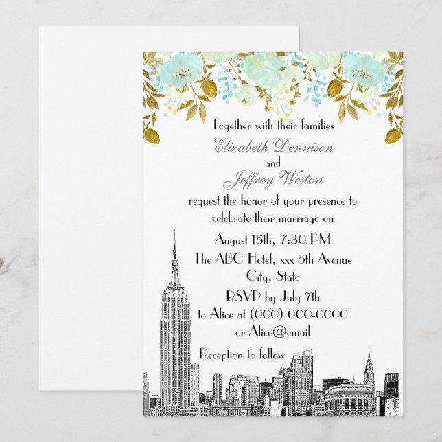Convites NYC Skyline ESB Etch Mint Dourado Casamento Floral (Frente/Verso)